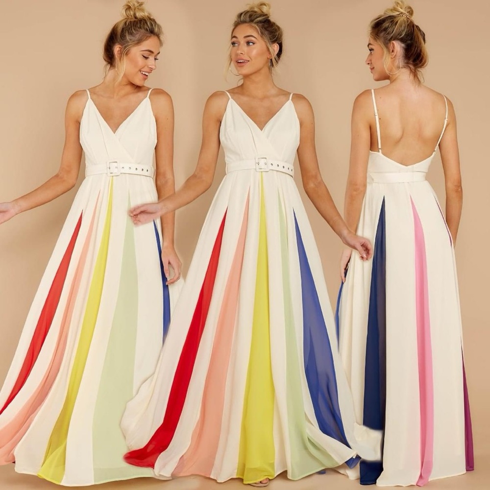 Lulus Glamorous Arc Rainbow Stripe Maxi Dress